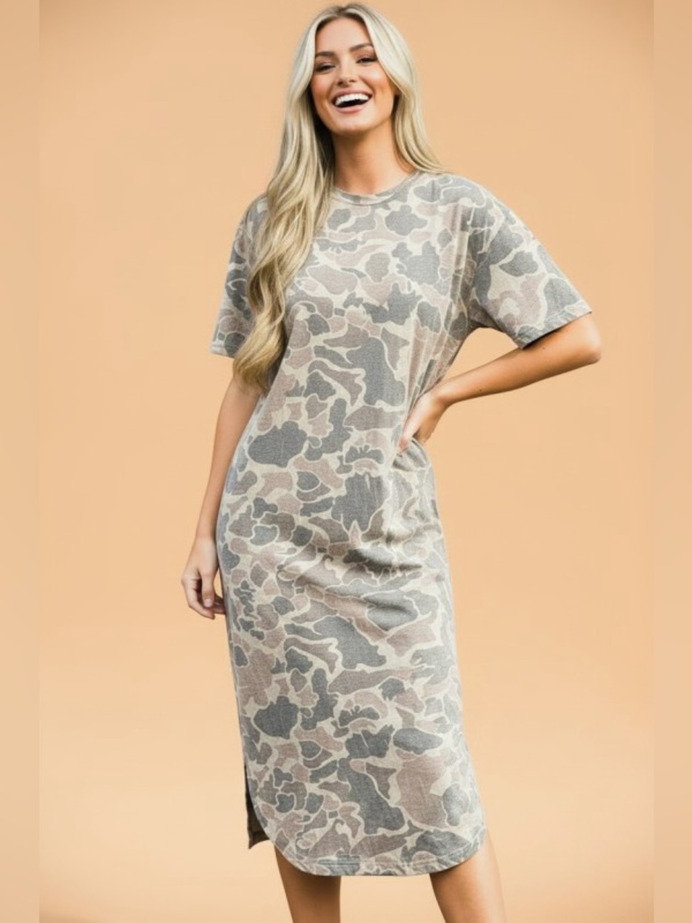 Camo Short Sleeve Drop Shoulder Side Slit Dress